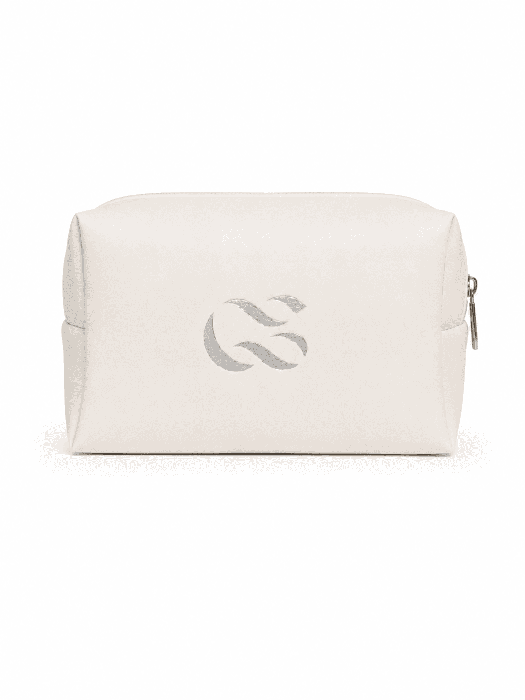 An off-white faux leather cosmetic pouch with a silver metallic interlocking 'S' logo on the front and a silver zipper pull on the right side, set against a plain white background. - GoodSide