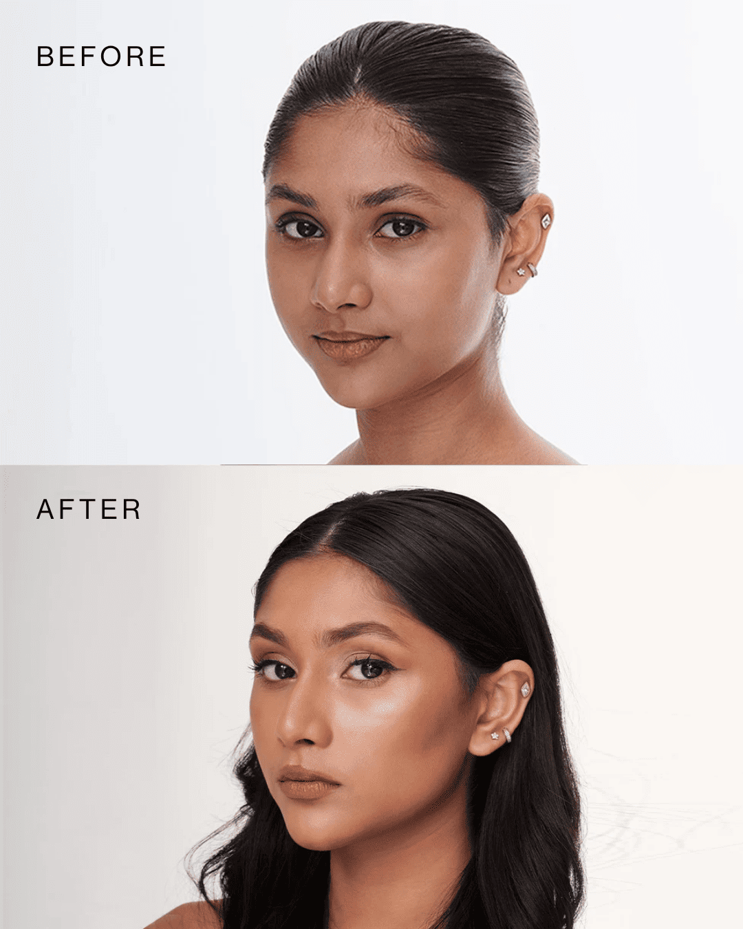 Before and after beauty comparison of a woman with dark hair, showing a side-by-side view of her face with and without makeup applied. The top panel is labeled 'BEFORE' and the bottom panel is labeled 'AFTER' on a light neutral background. - GoodSide