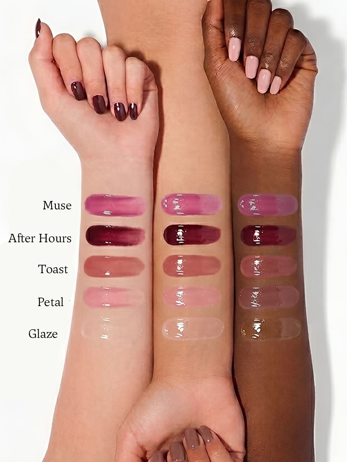 Lipstick swatches on three different skin tones with labels. - GoodSide